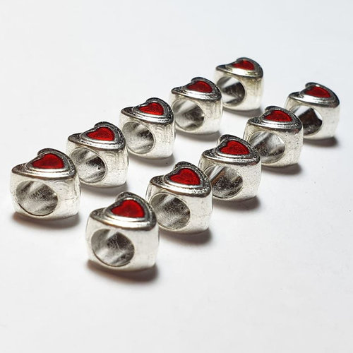 Großlochperlen 10 Stück Herz silber rot Perlen Metallperlen