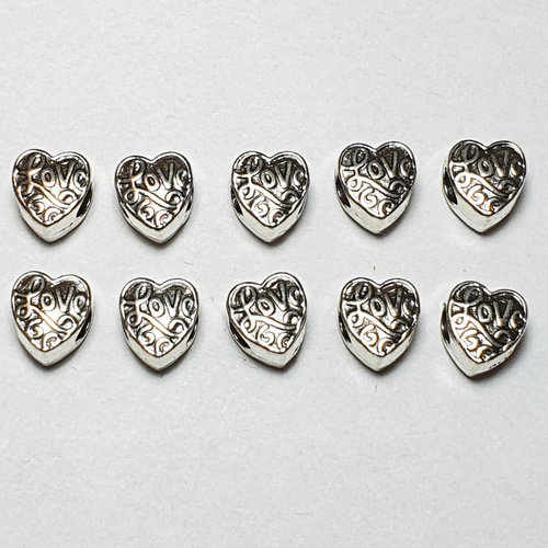 Großlochperlen 10 x Herz mit Love Schrift Beads Metallperlen