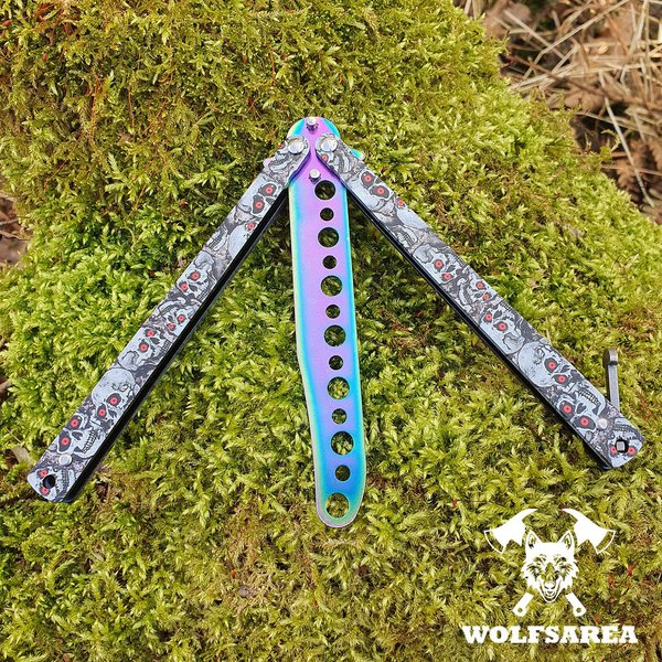 Legales stumpfes Balisong Trainings Butterfly Übungsmesser Skull Motiv