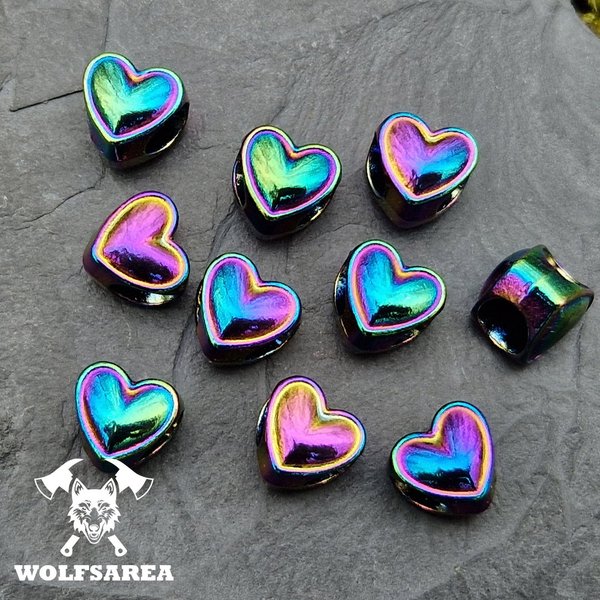 10 x Herz Perlen Großloch in Regenbogen Farben