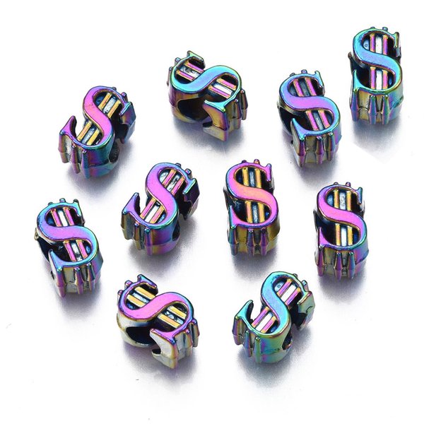 Großlochperlen 10 x Regenbogen Dollar $ Zeichen Perlen Metallperlen